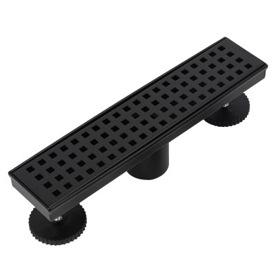 Heaorld 12 Inch Linear Shower Drain Matte Black, Rectangular Shower Floor Drain Kit 304 Stainless Steel, Removable Grid Grate, Hair Catcher, Leveling Feet